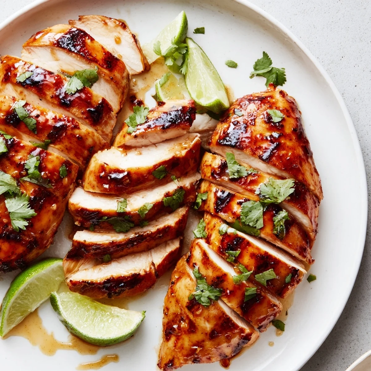 Spicy Honey Lime Chicken resting on a platter with fresh cilantro and lime wedges, grilled marks visible.