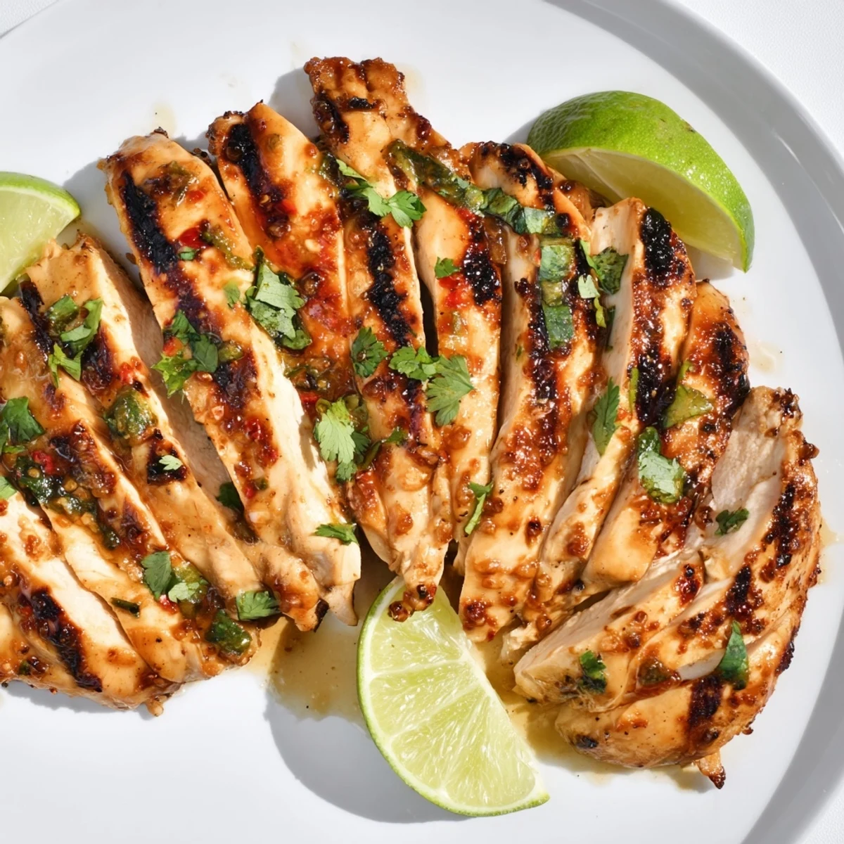 A close-up of juicy Spicy Honey Lime Chicken breast glistening with sticky glaze, garnished with lime zest.