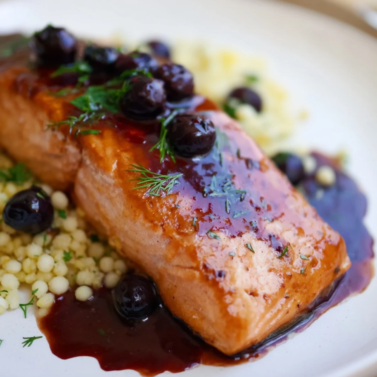 A close-up of Blueberry Glazed Salmon with Lemon Herb Couscous, the glossy purple-red glaze catching the light on the flaky pink fish.