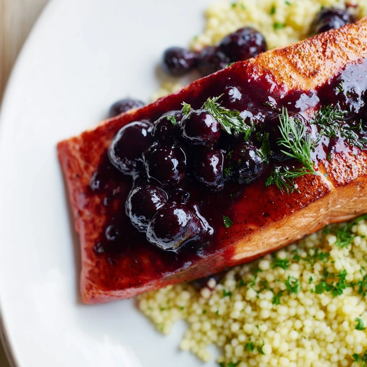Overhead view of Blueberry Glazed Salmon with Lemon Herb Couscous, showcasing the golden couscous flecked with green herbs next to the seared fillet.