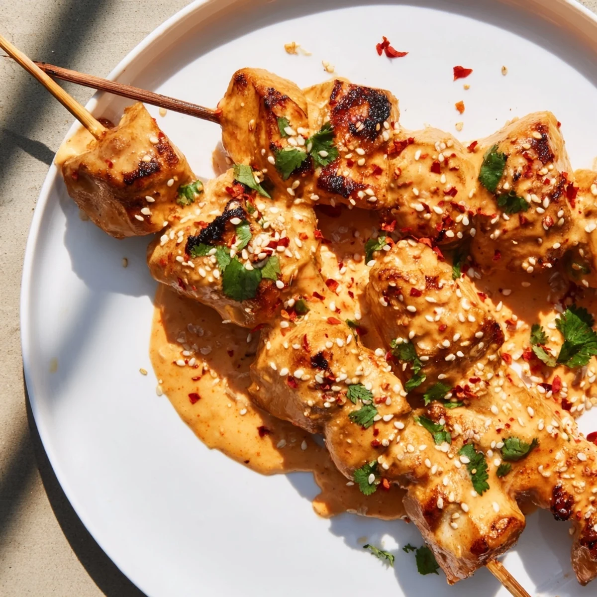 Golden-brown grilled chicken skewers glistening with creamy Bang Bang Chicken Skewers sauce, garnished with fresh cilantro and sesame seeds.