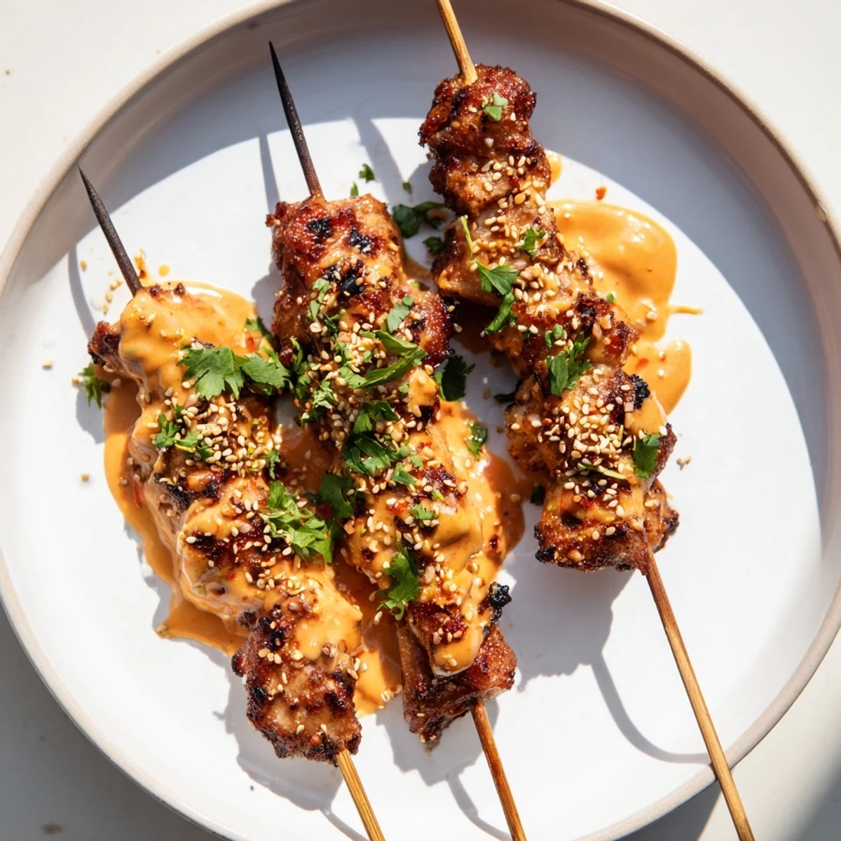 Juicy chicken cubes on skewers coated in Bang Bang Chicken Skewers sauce, ready for a flavorful weeknight dinner or party.
