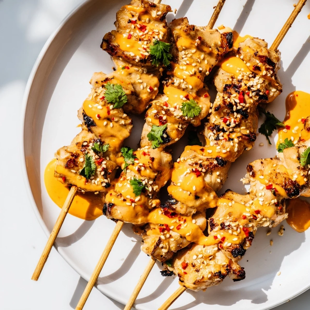 Bang Bang Chicken Skewers served over steamed rice with lime wedges, showcasing the spicy-sweet glaze and charred edges.