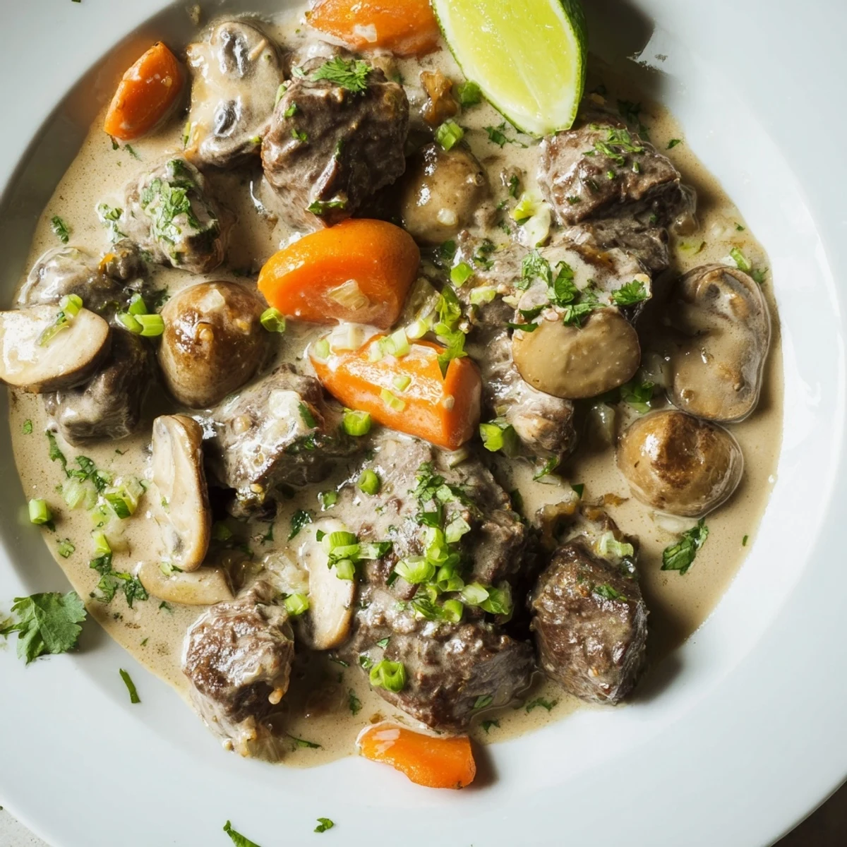 A close-up of Lemongrass Coconut Braised Beef with Mushrooms, tender chunks glistening in a creamy coconut sauce.