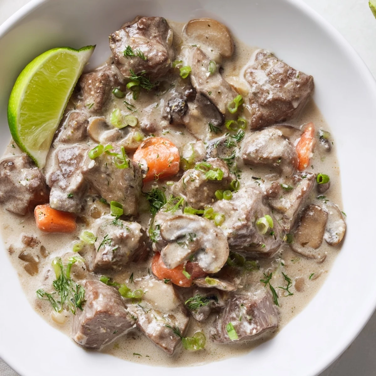Bubbling pot of Lemongrass Coconut Braised Beef with Mushrooms, rich broth with carrots and fresh cilantro garnish.