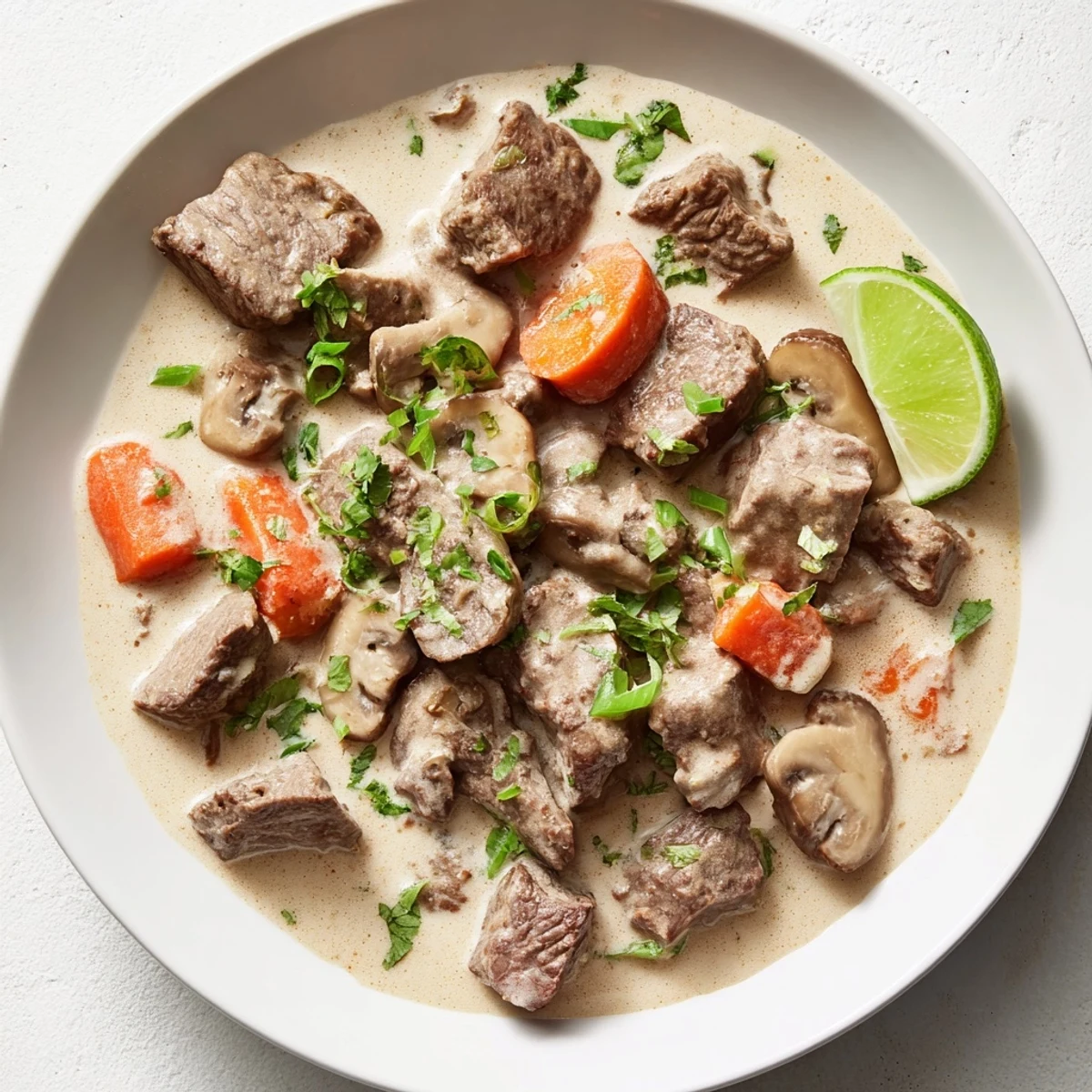 Serving of Lemongrass Coconut Braised Beef with Mushrooms over white rice, with lime wedges and scallions nearby.