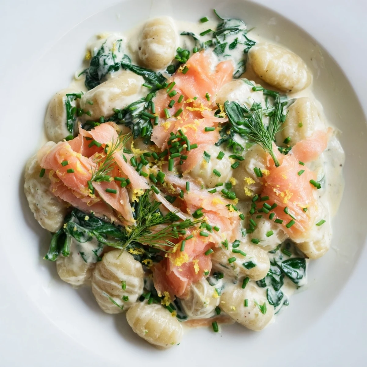 Healthy Smoked Salmon Gnocchi served with lemon wedges, chive garnish, and a light white wine.  