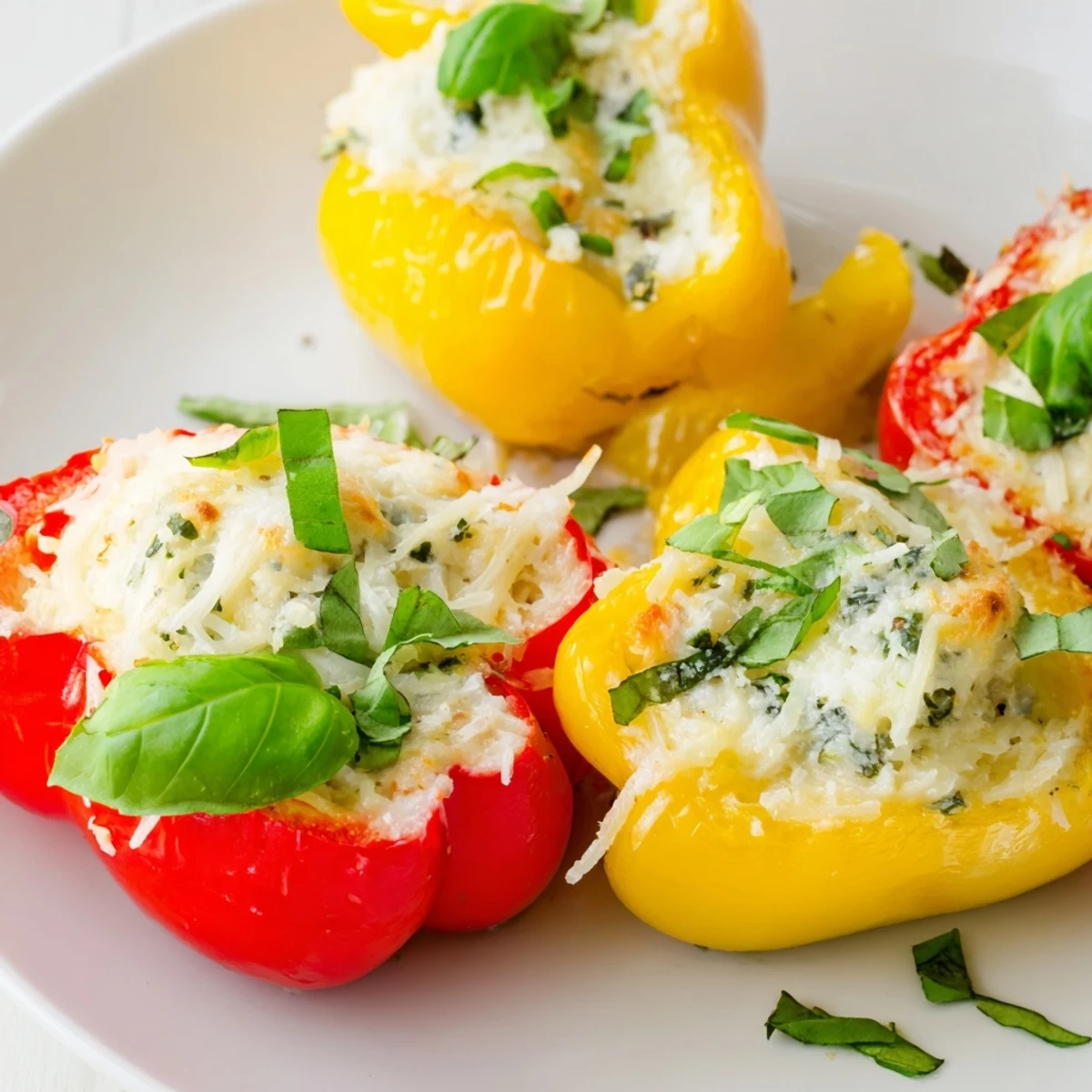 Golden-baked ricotta stuffed peppers with melted cheese and fresh basil garnish on a rustic plate.  