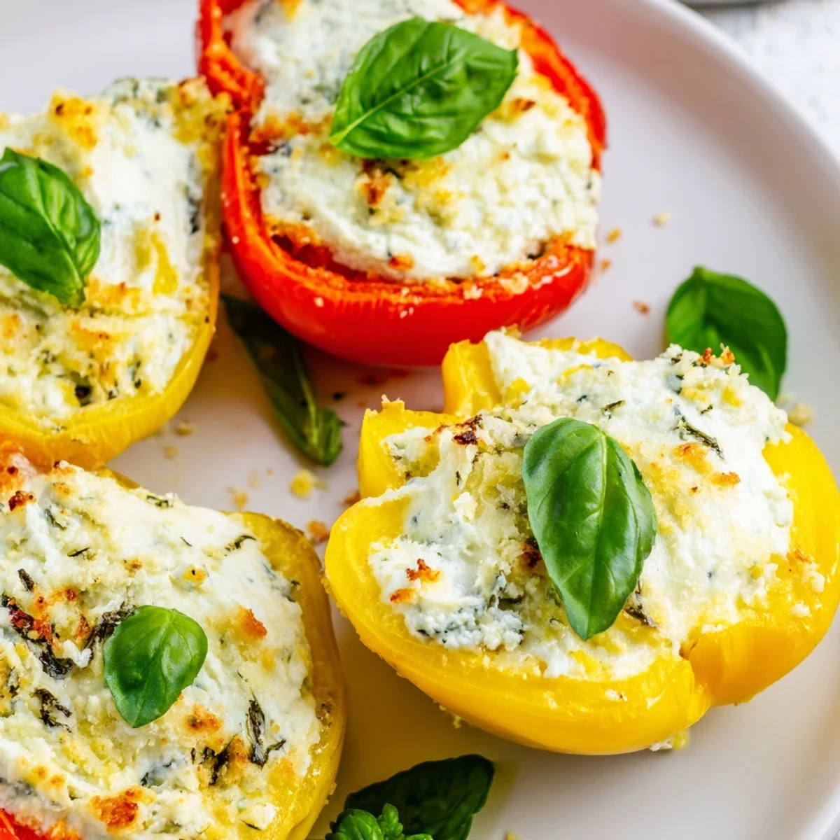 Freshly cooked Italian ricotta stuffed peppers served warm with a side salad for dinner.