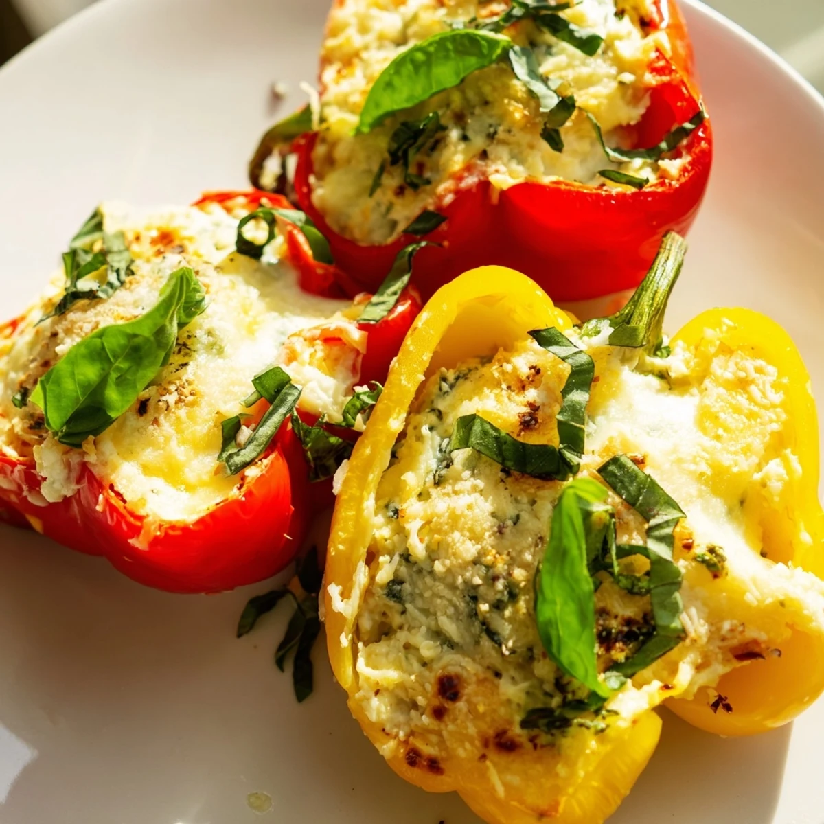 Close-up of creamy ricotta filling in roasted sweet bell peppers topped with golden Parmesan.  