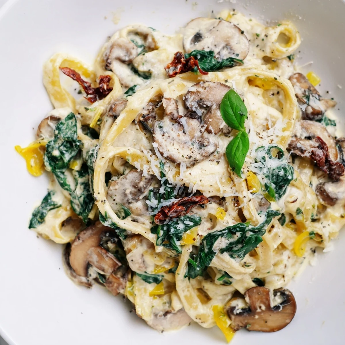 Creamy Tuscan Mushroom Pasta Skillet features golden-brown mushrooms and wilted spinach in a rich Parmesan sauce.