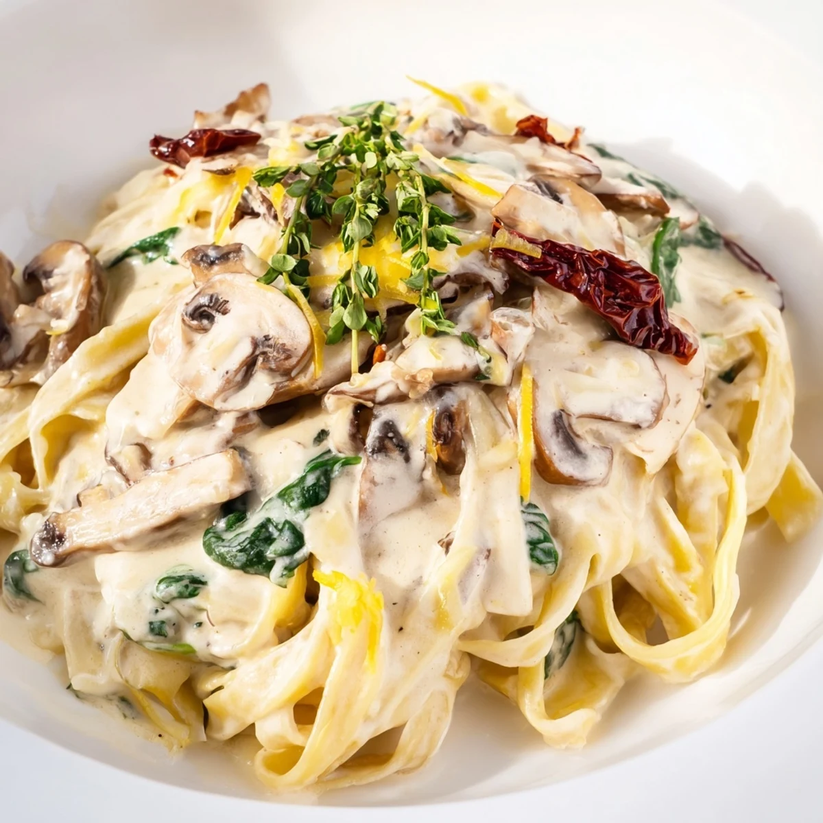 A single skillet of Creamy Tuscan Mushroom Pasta Skillet garnished with fresh basil, ready for a comforting family dinner.