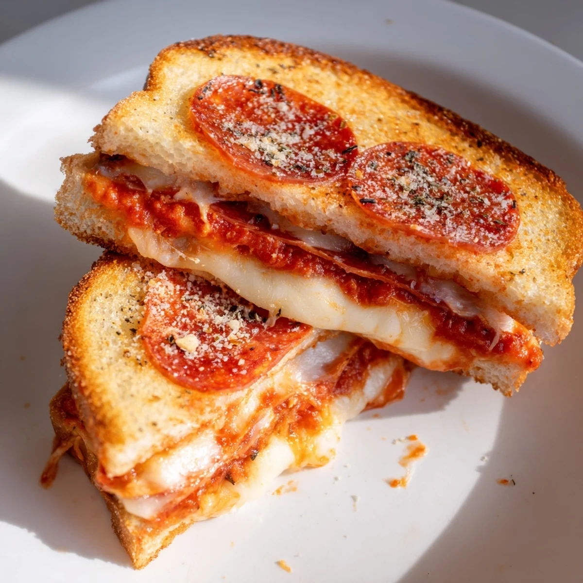 Golden, crispy slices of Pizza Grilled Cheese resting on a wooden board beside a small bowl of extra marinara for dipping.