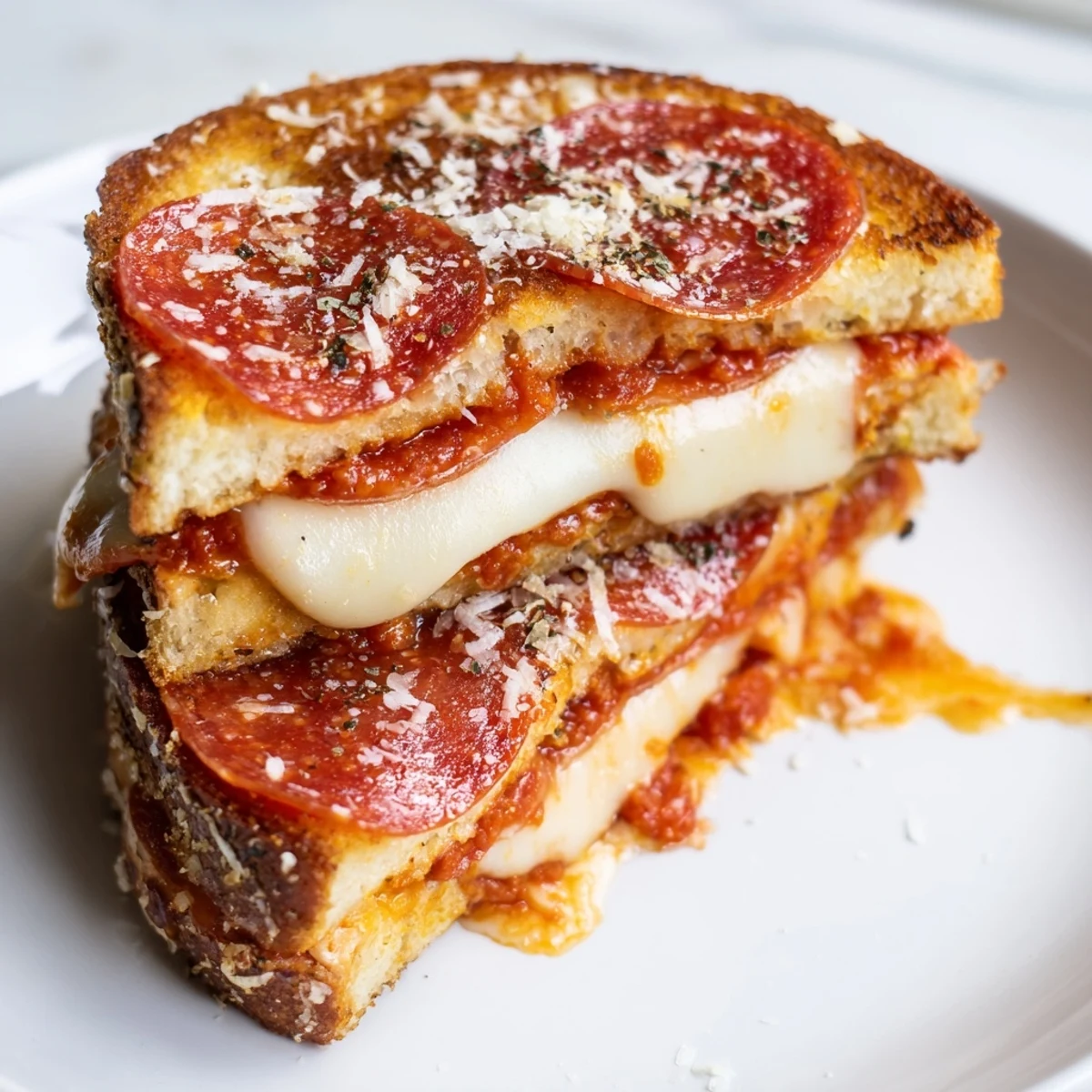 A close-up of gooey melted mozzarella and pepperoni inside Pizza Grilled Cheese, with herbs sprinkled on top for extra aroma.