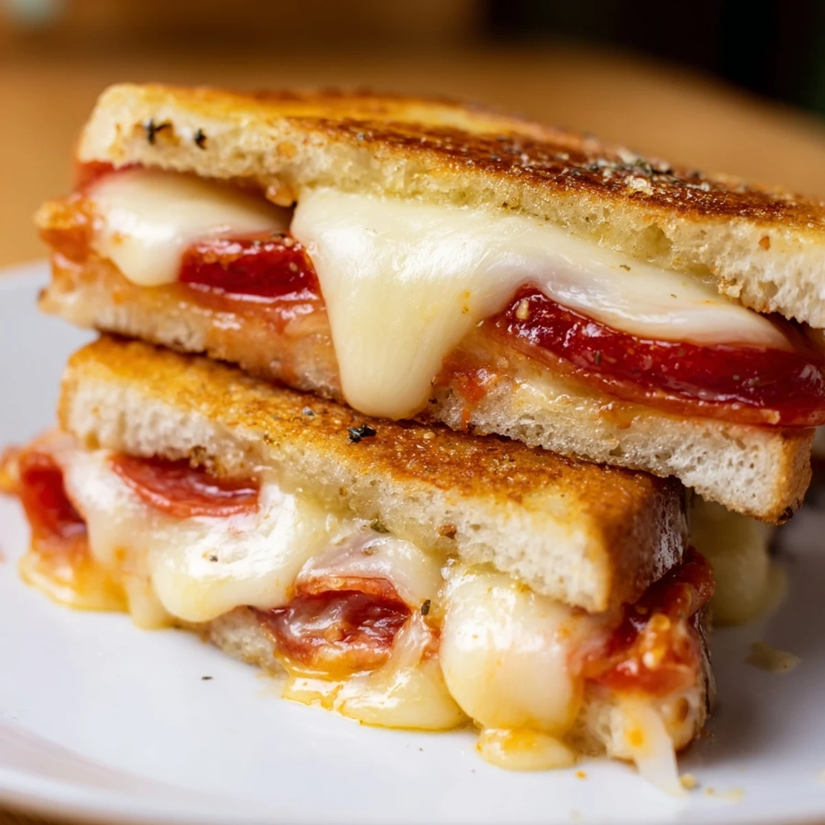 Fork cutting into a hot Pizza Grilled Cheese, revealing cheesy layers and pizza sauce oozing from the toasted bread.