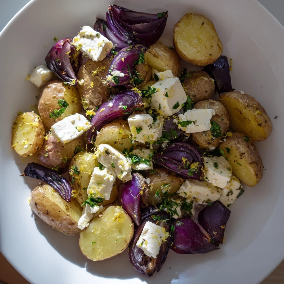 Golden roasted Baked Feta Potatoes with Lemon topped with crumbled feta and fresh parsley.  