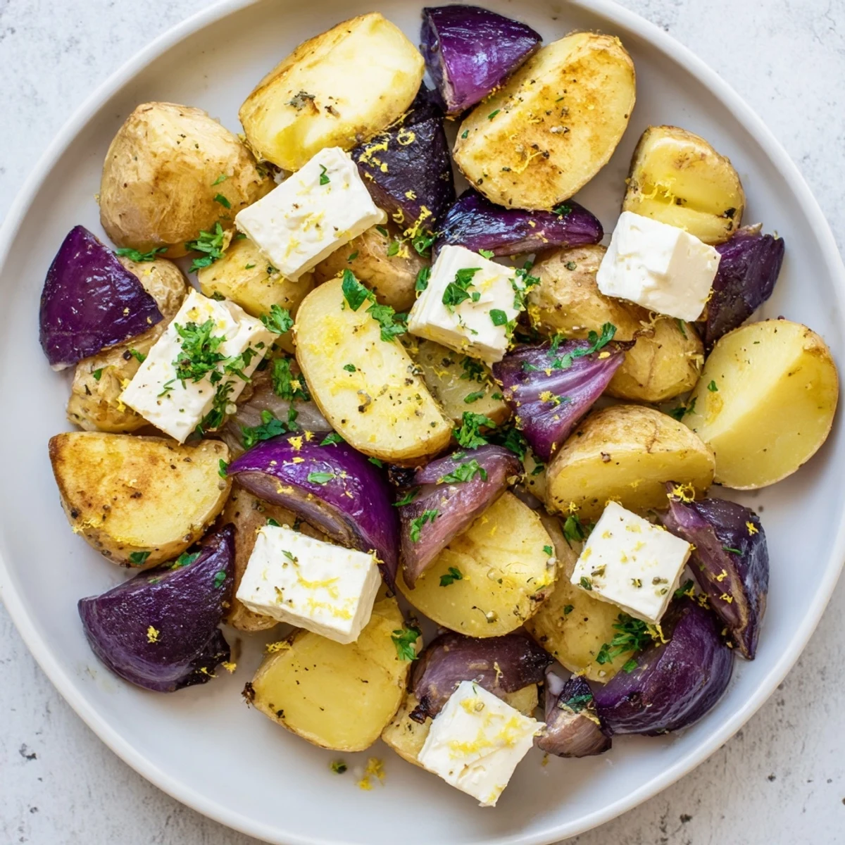 A close-up of baked Baked Feta Potatoes with Lemon with zesty lemon zest and herbs.