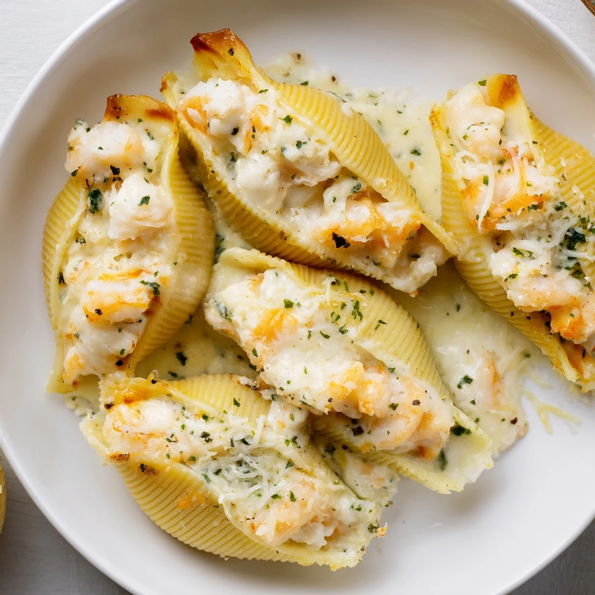 A close-up of Creamy Seafood Stuffed Shells with golden mozzarella and Parmesan baked on top, served in a white dish.