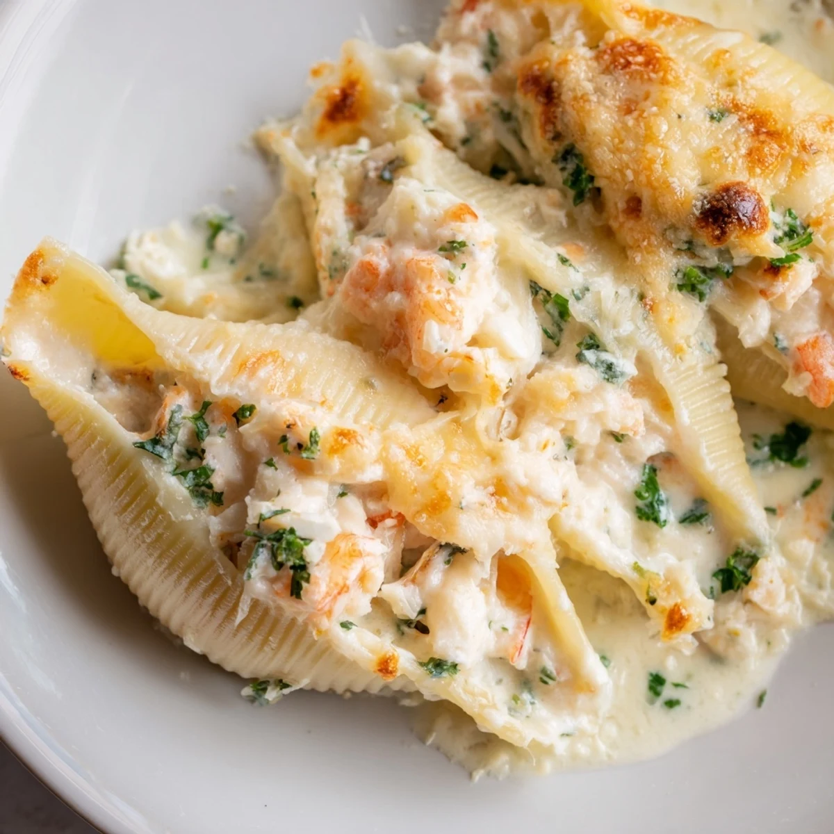 The main keyword Creamy Seafood Stuffed Shells features shrimp and crab filling inside tender jumbo pasta shells with a rich sauce.