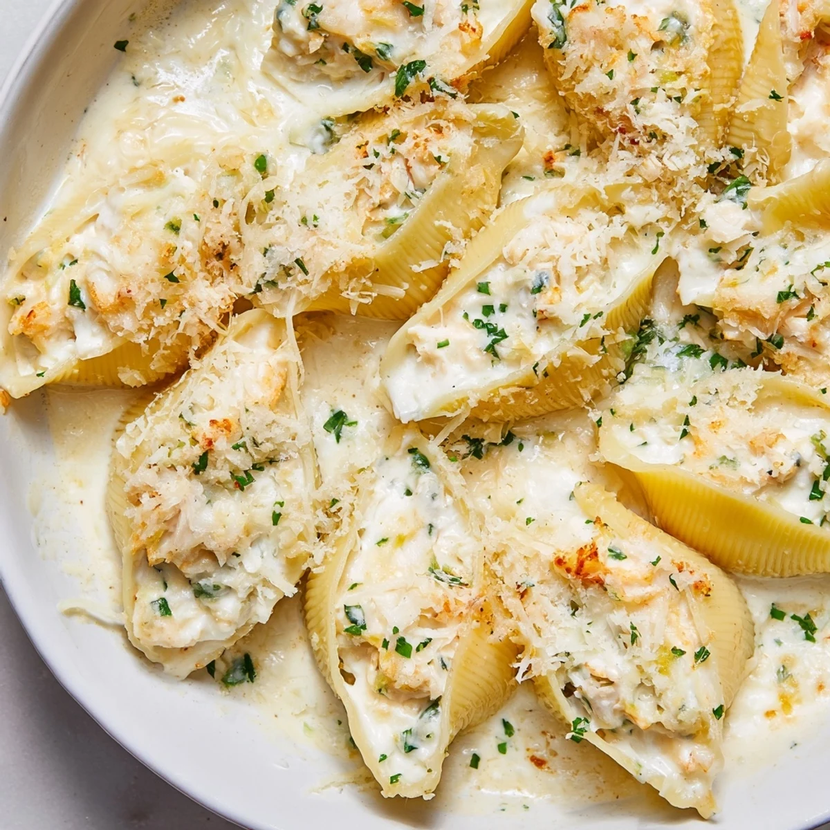 Warm Creamy Seafood Stuffed Shells garnished with fresh parsley, ready to serve with a side salad and white wine.