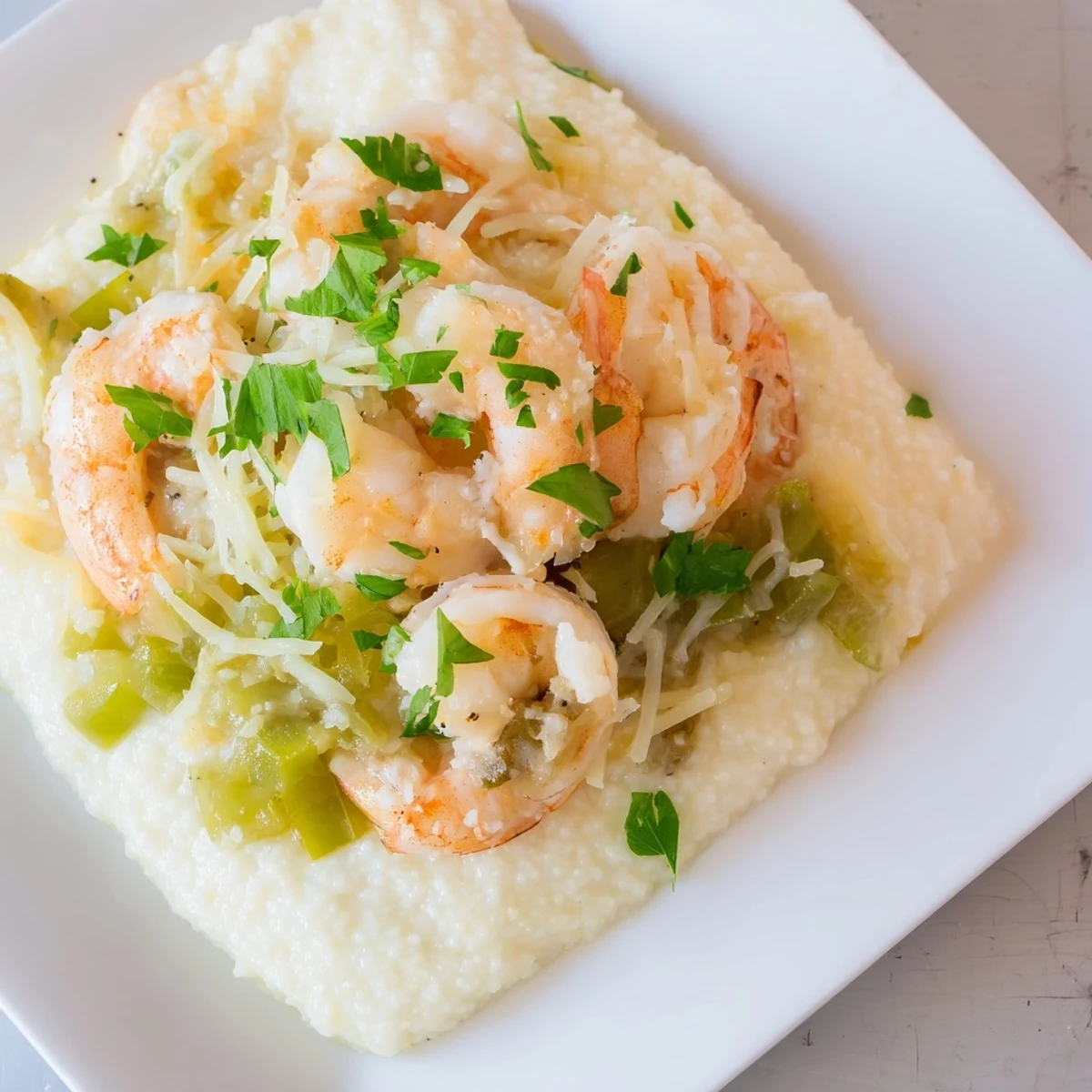 Golden bubbly Easy Shrimp & Grits Casserole fresh from the oven with melted cheese on top.