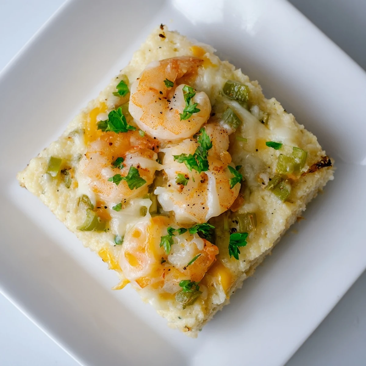 A hearty serving of Easy Shrimp & Grits Casserole on a white plate, garnished with parsley.