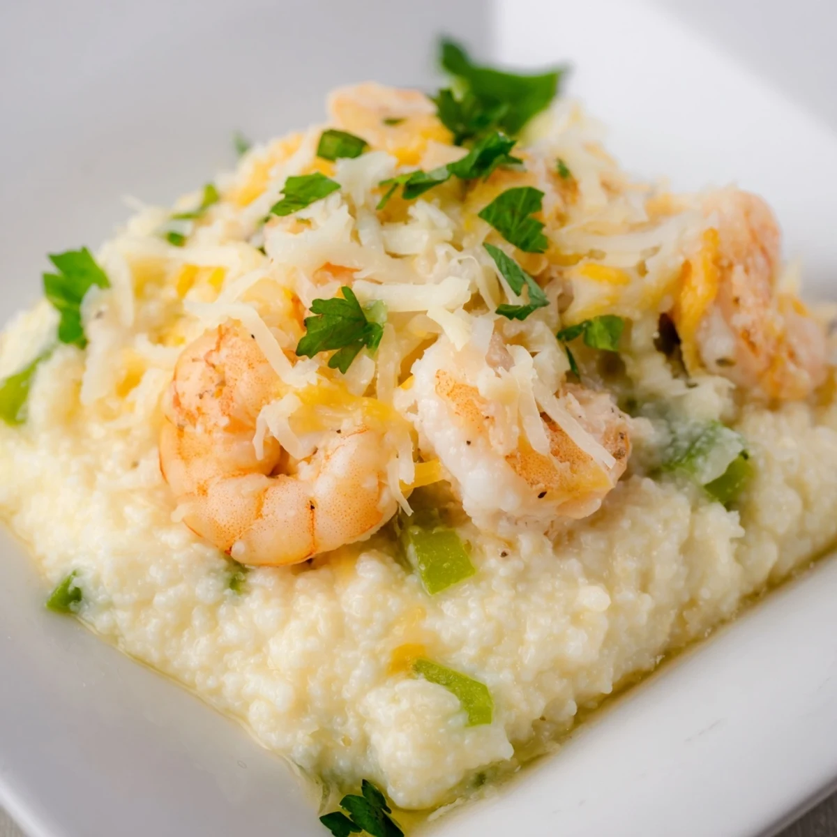Close-up of Easy Shrimp & Grits Casserole showing creamy grits, shrimp, and a cheesy crust.