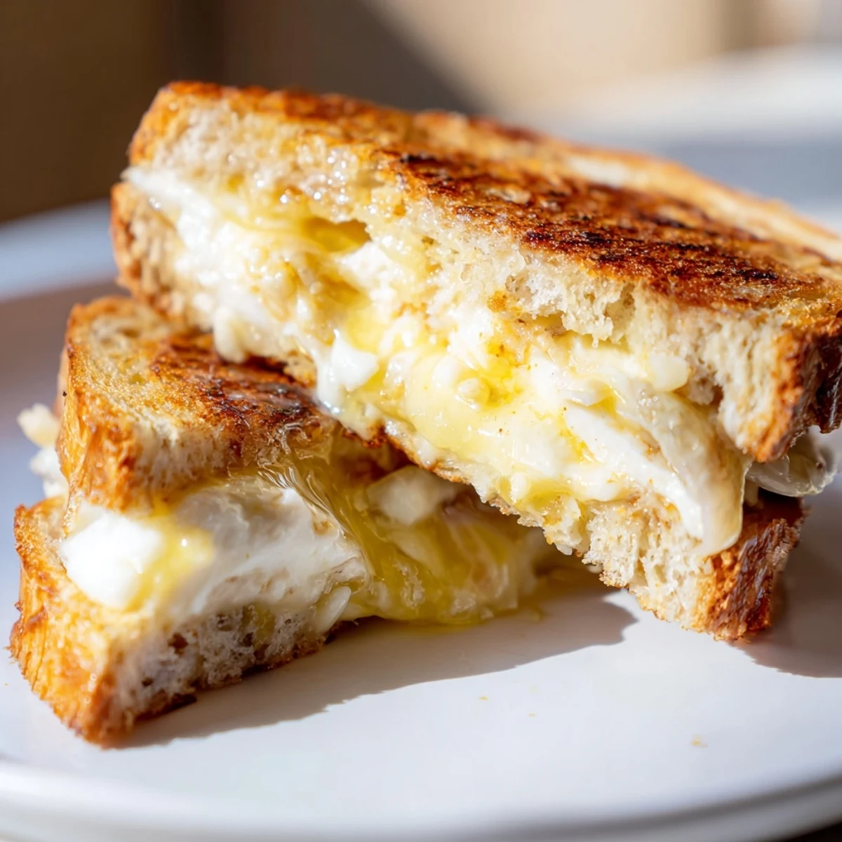 Melted cheese oozes from buttery bread slices of a honey bliss grilled cheese, served beside a bowl of tomato soup.