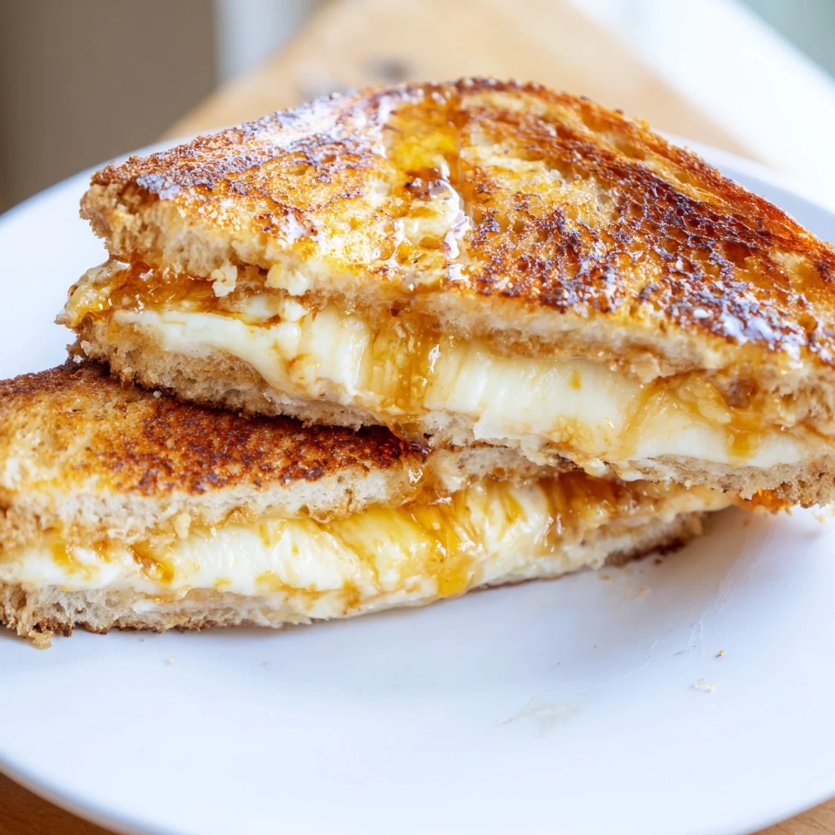 Golden-brown sourdough grilled cheese with cheddar, mozzarella, and Gruyère, drizzled with warm honey on a plate.