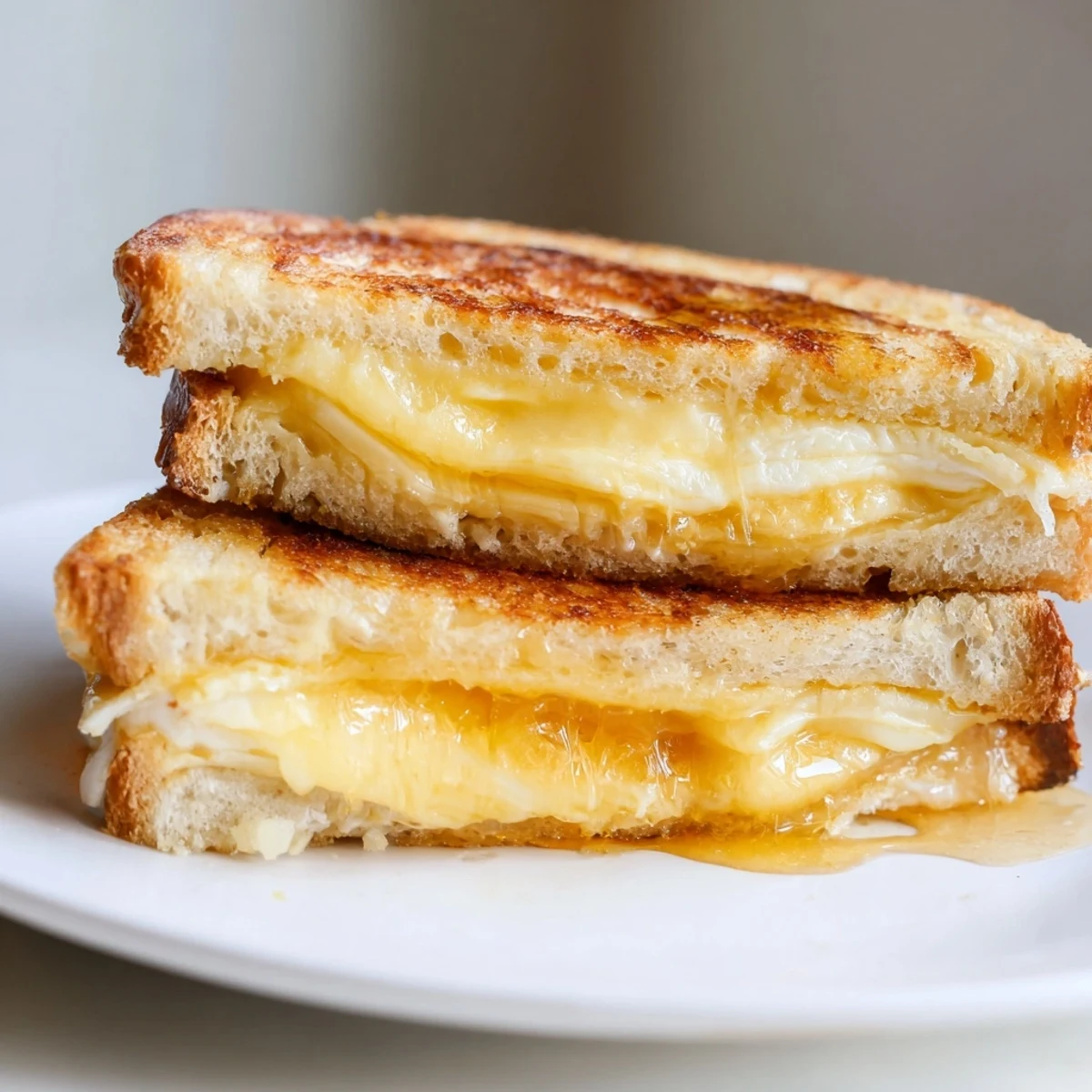 Crunchy grilled cheese sandwich with three cheeses and sweet honey drizzle, cut in half on a rustic wooden cutting board.