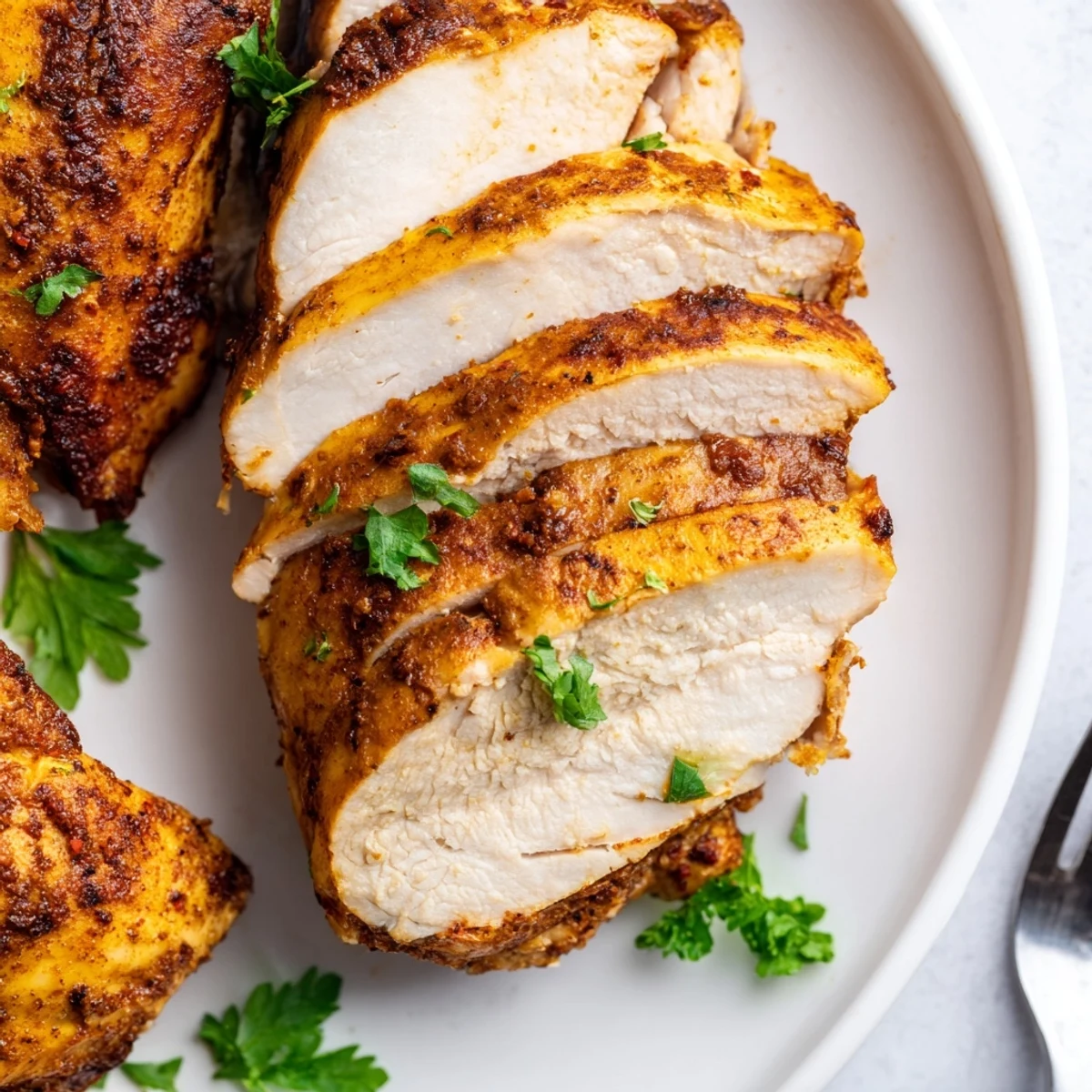 Golden-brown Oven Baked Chicken Breasts rest on a baking sheet, garnished with fresh parsley and lemon wedges.