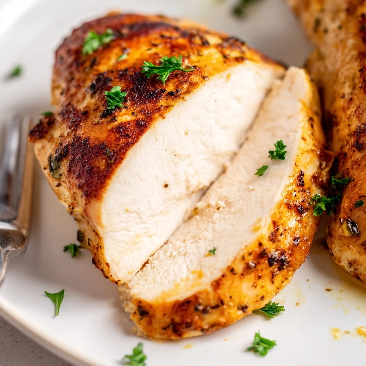 A close-up of Oven Baked Chicken Breasts reveals a paprika-seasoned crust and glistening olive oil finish.