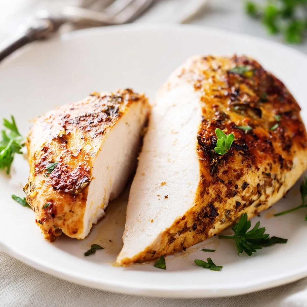 Juicy Oven Baked Chicken Breasts are plated with roasted vegetables, showcasing a moist, tender texture and herbs.