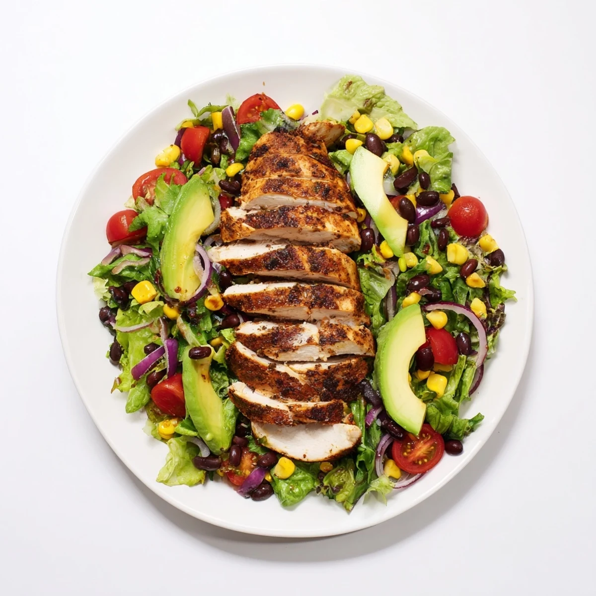A vibrant chipotle lime chicken salad with grilled slices, cherry tomatoes, red onion, and fresh cilantro garnish.