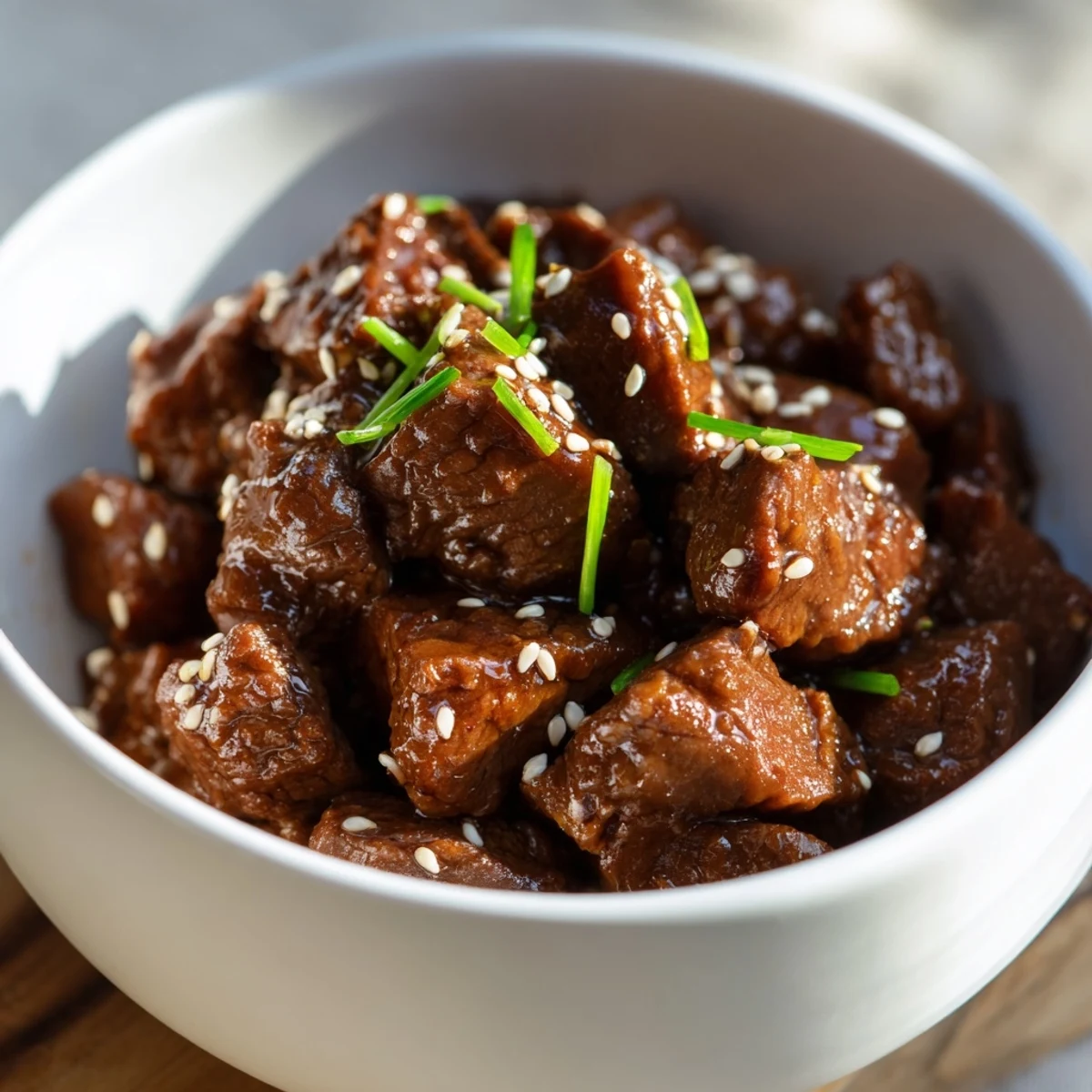 Tender Crock Pot Korean Beef with sesame and green onions on steamed rice, ready to serve.