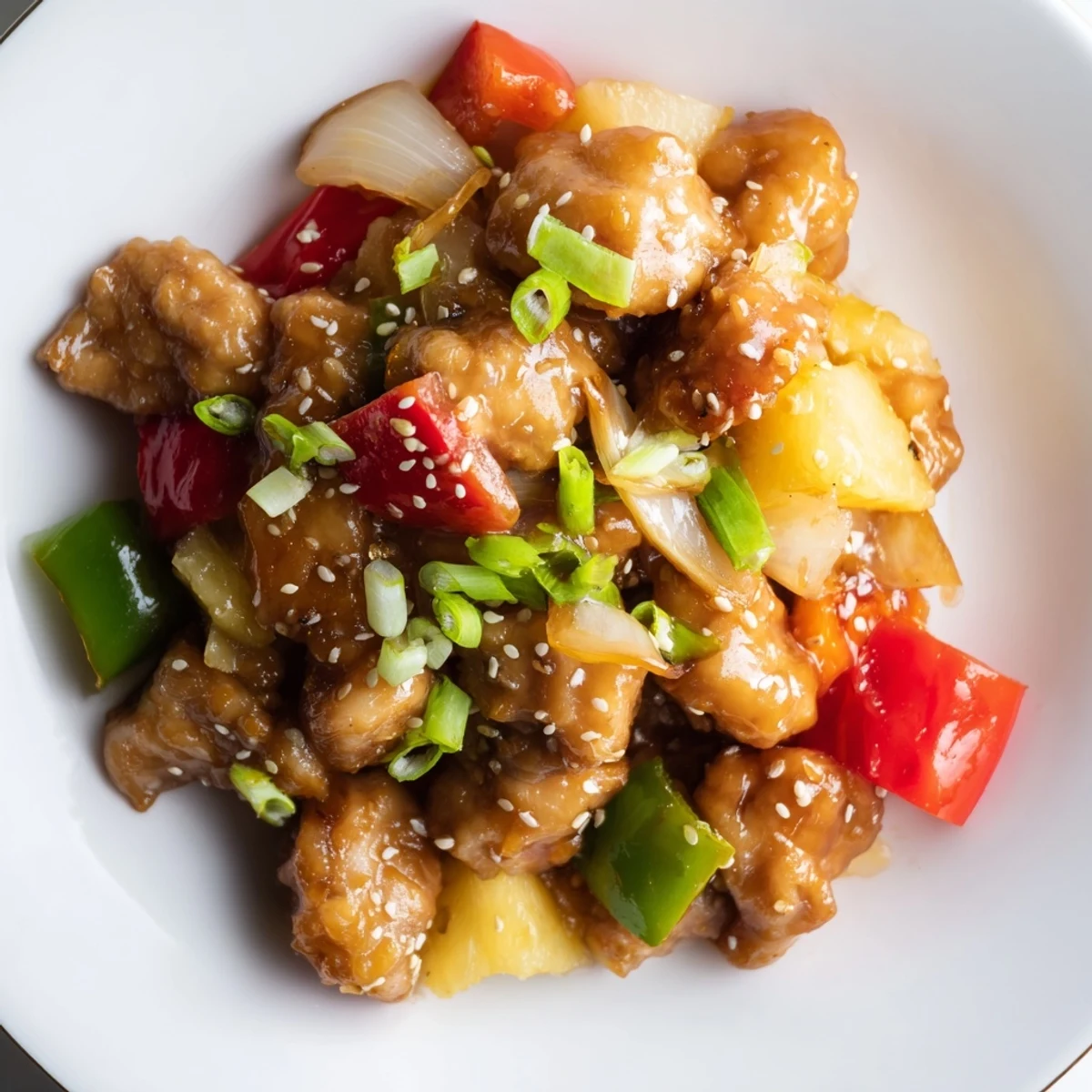 Golden-brown chicken chunks simmer in a sticky pineapple and bell pepper glaze inside the slow cooker, next to a steaming bowl of white rice.