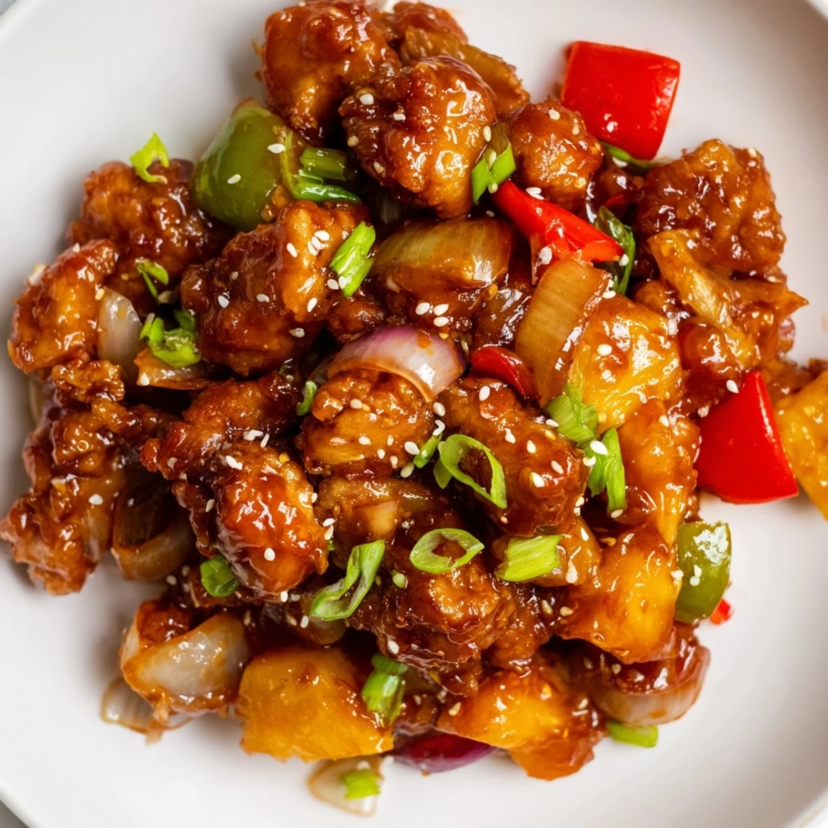 Tender shredded Sweet Hawaiian Crockpot Chicken is garnished with green onions and sesame seeds on a dinner plate, surrounded by fresh pineapple slices.