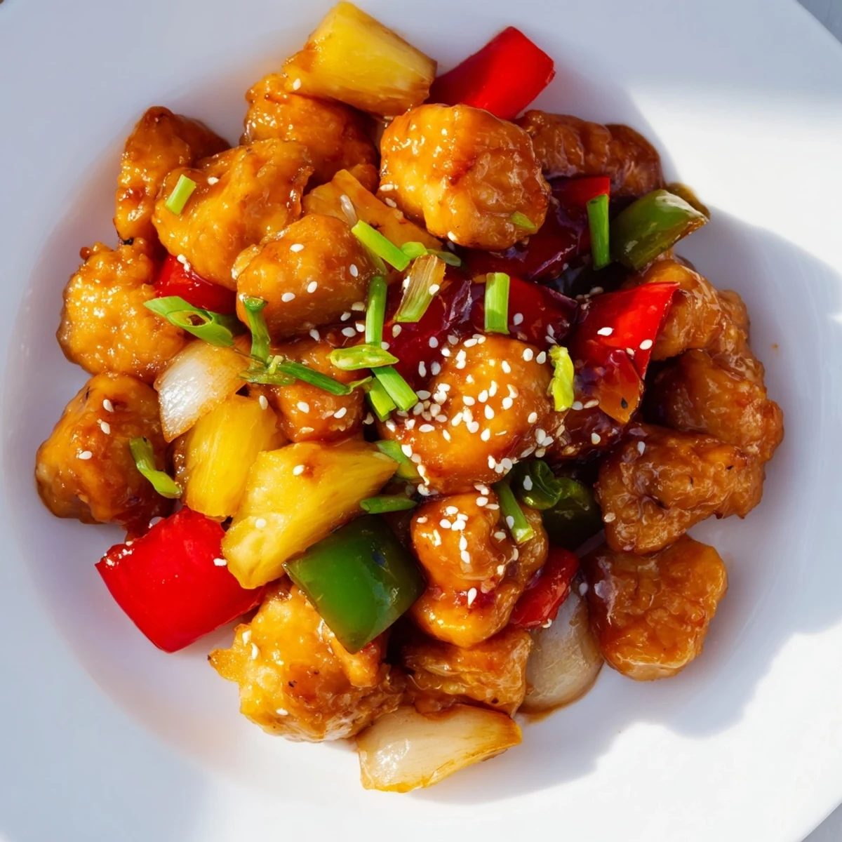 Close-up shot of juicy chicken and vibrant red bell peppers coated in a sweet and savory sauce, ready to serve over jasmine rice.