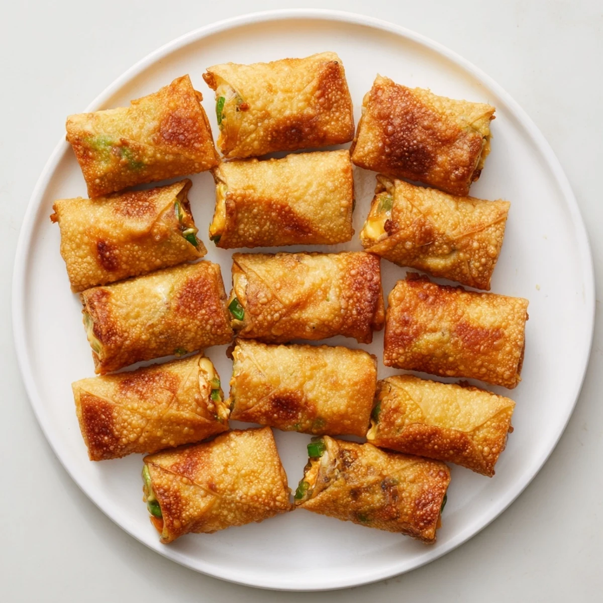 Golden brown Mini Jalapeño Popper Egg Rolls sit on a plate, their crispy wrappers glistening beside a small dish of creamy ranch for dipping.