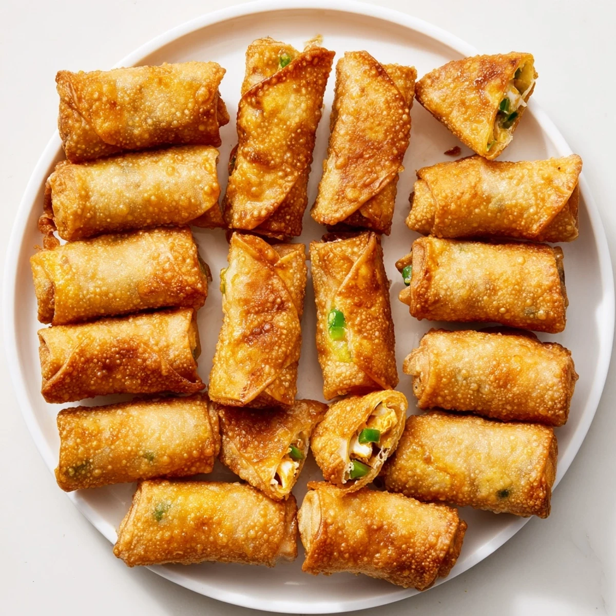 Appetizer platter of Mini Jalapeño Popper Egg Rolls, arranged with fresh jalapeño slices and a drizzle of cool dipping sauce.