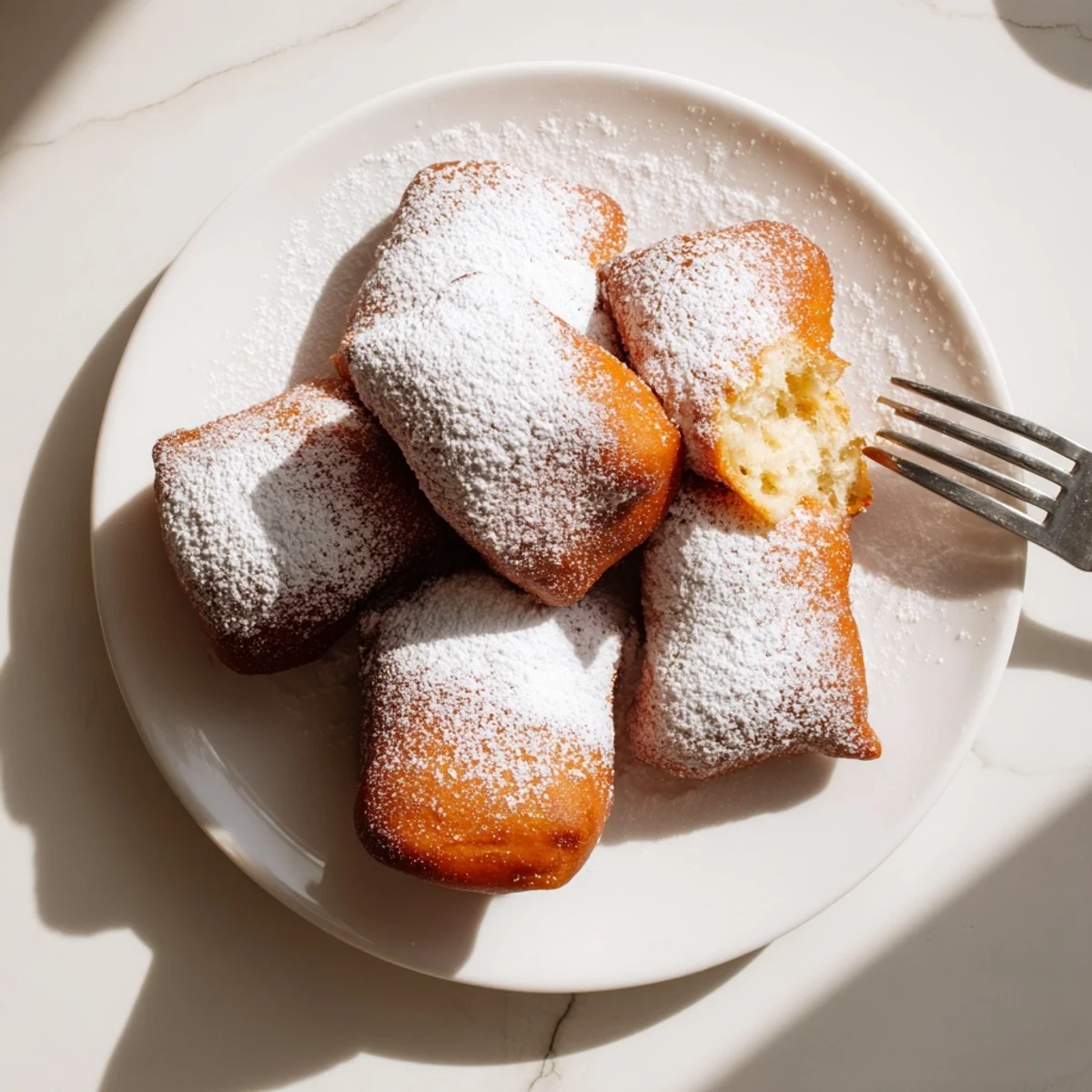 Golden-brown Vanilla French Beignets dusted with powdered sugar on a rustic wooden table, served with a cup of coffee.