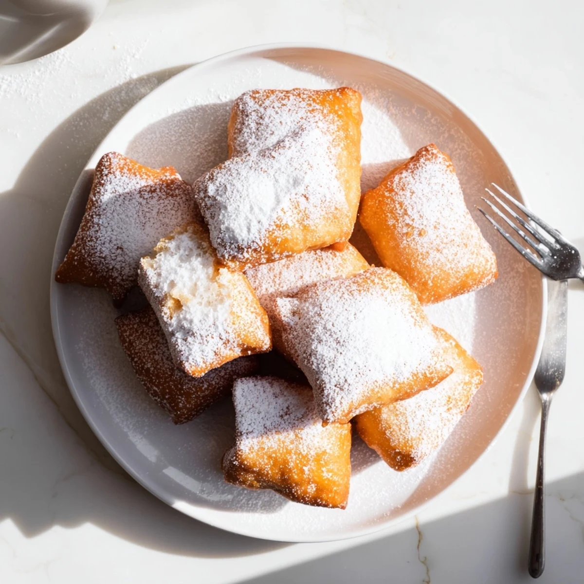 Freshly fried Vanilla French Beignets on a plate, powdered sugar melting slightly over the warm, pillowy pastry.