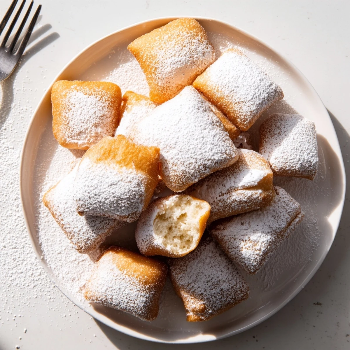 Close-up of Vanilla French Beignets stacked high, showing a fluffy interior and sweet powdered sugar coating.