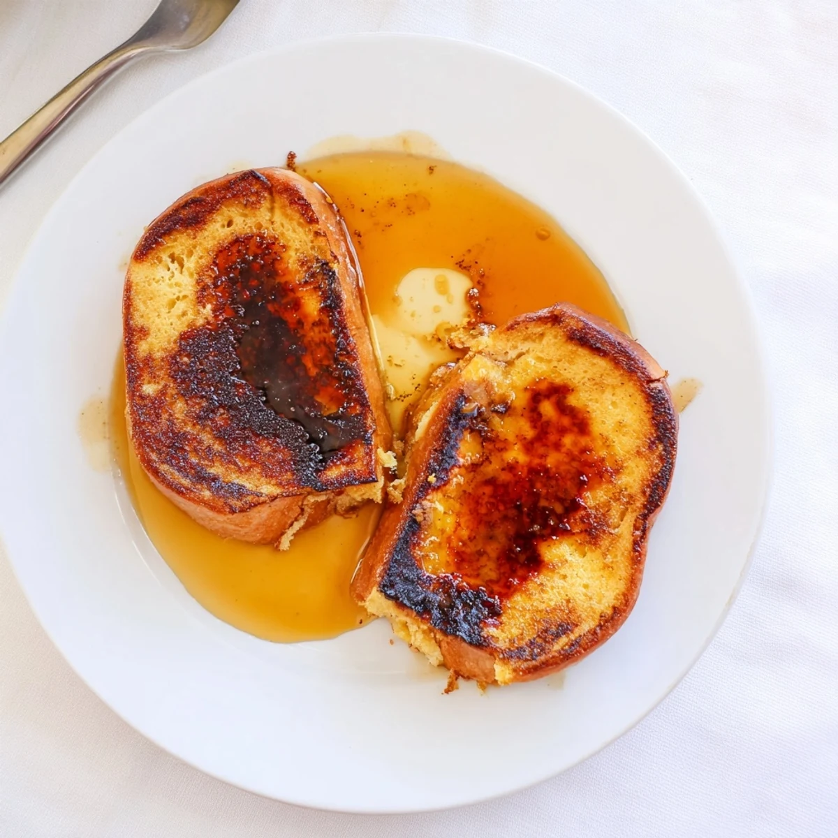 A close-up of a plated slice of Crème Brûlée French Toast reveals a soft, custardy interior and a crunchy, torched sugar topping.