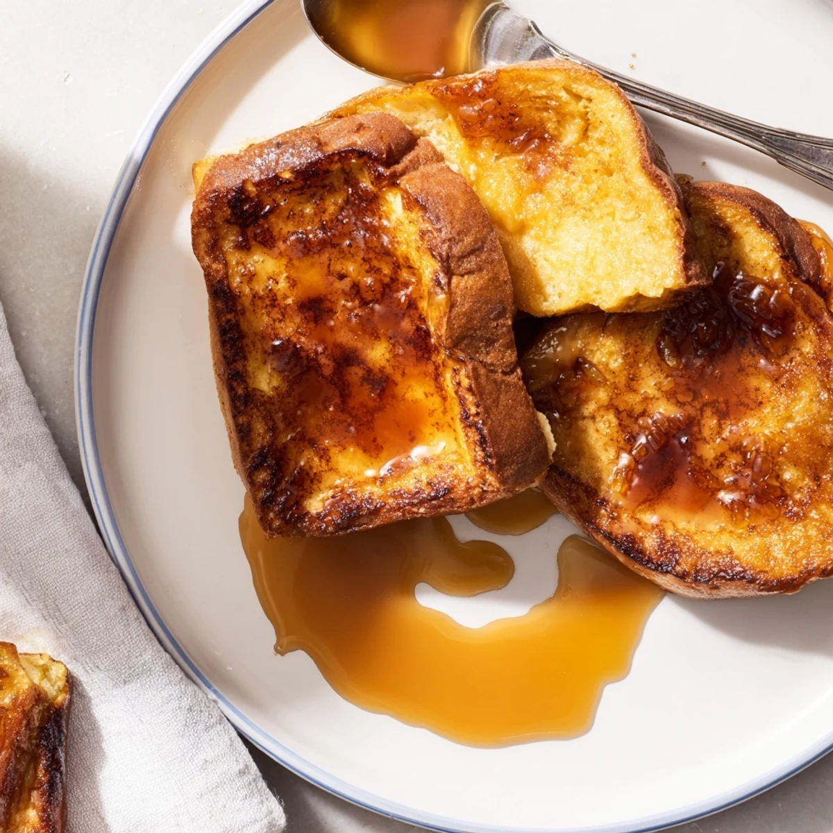 Golden-brown Crème Brûlée French Toast slices sit in a baking dish, coated with a crackly caramelized sugar crust and glistening with warm custard.