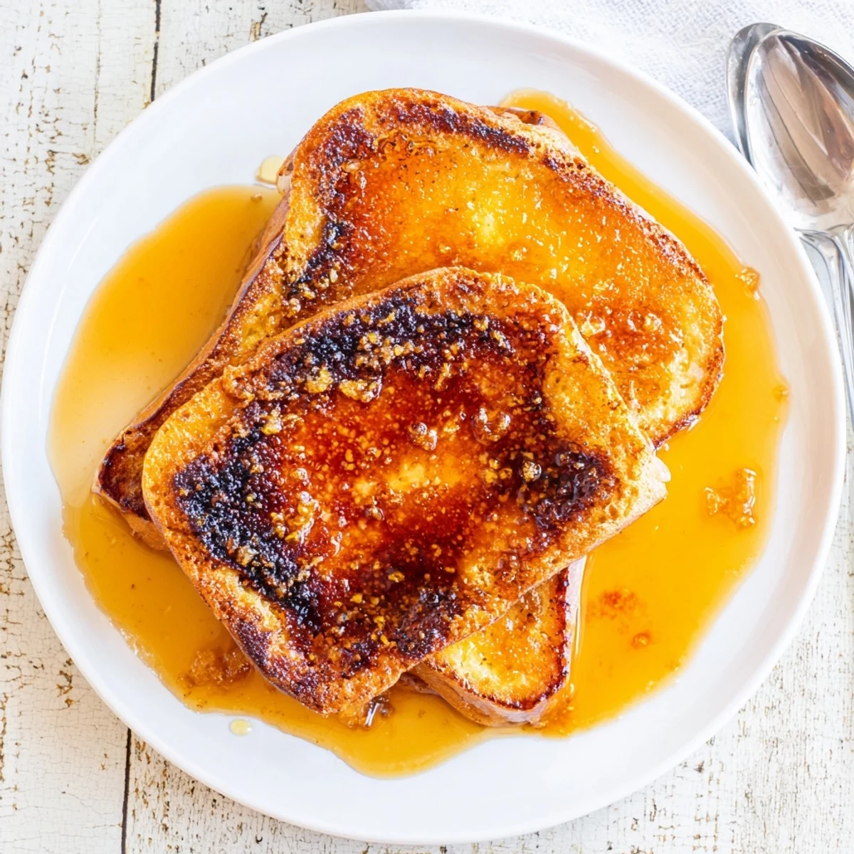 Fresh berries and a dusting of powdered sugar top this serving of Crème Brûlée French Toast, ready for a special brunch.