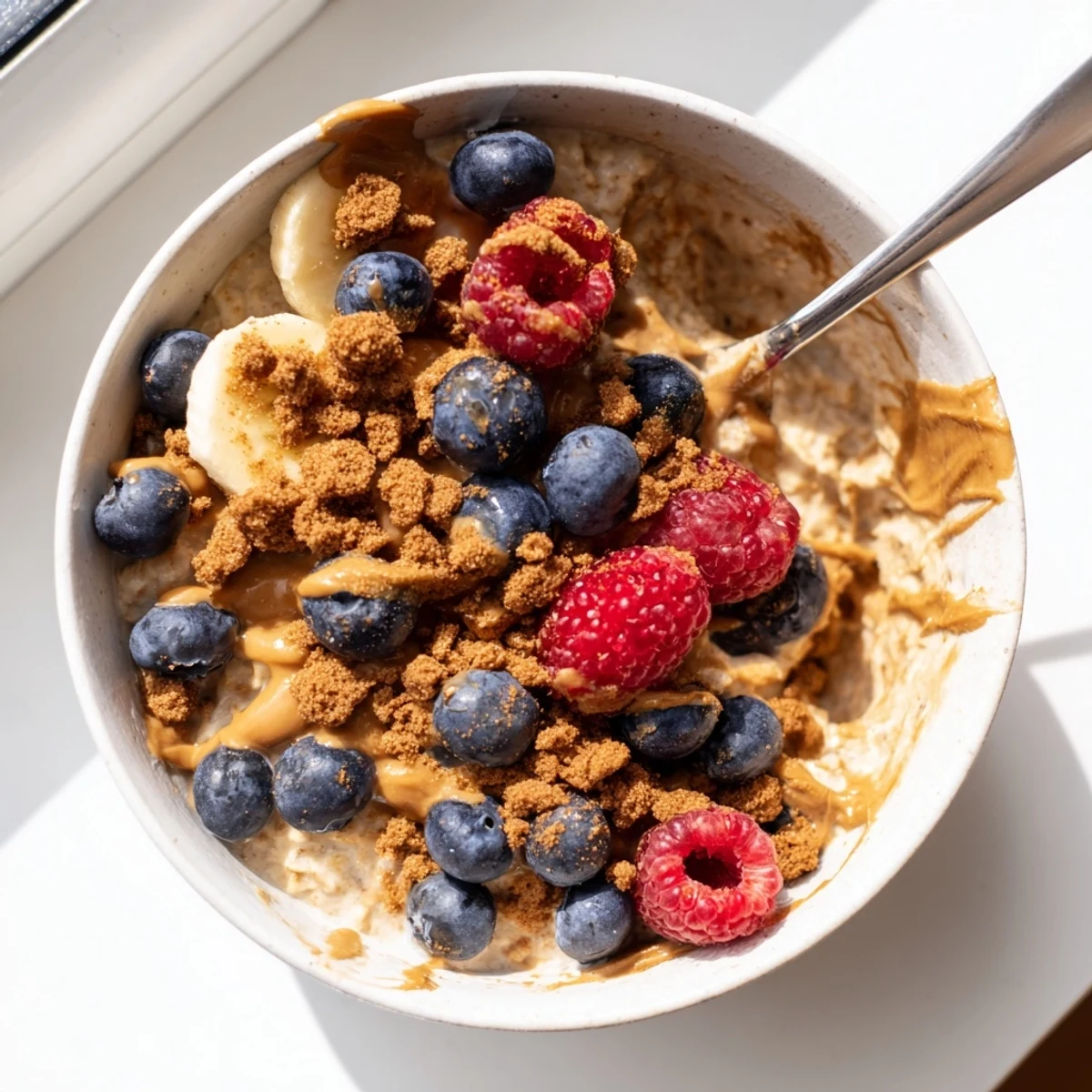 Delicious Quick Biscoff Overnight Oats swirled with melted Biscoff spread and sliced bananas for a cozy breakfast.