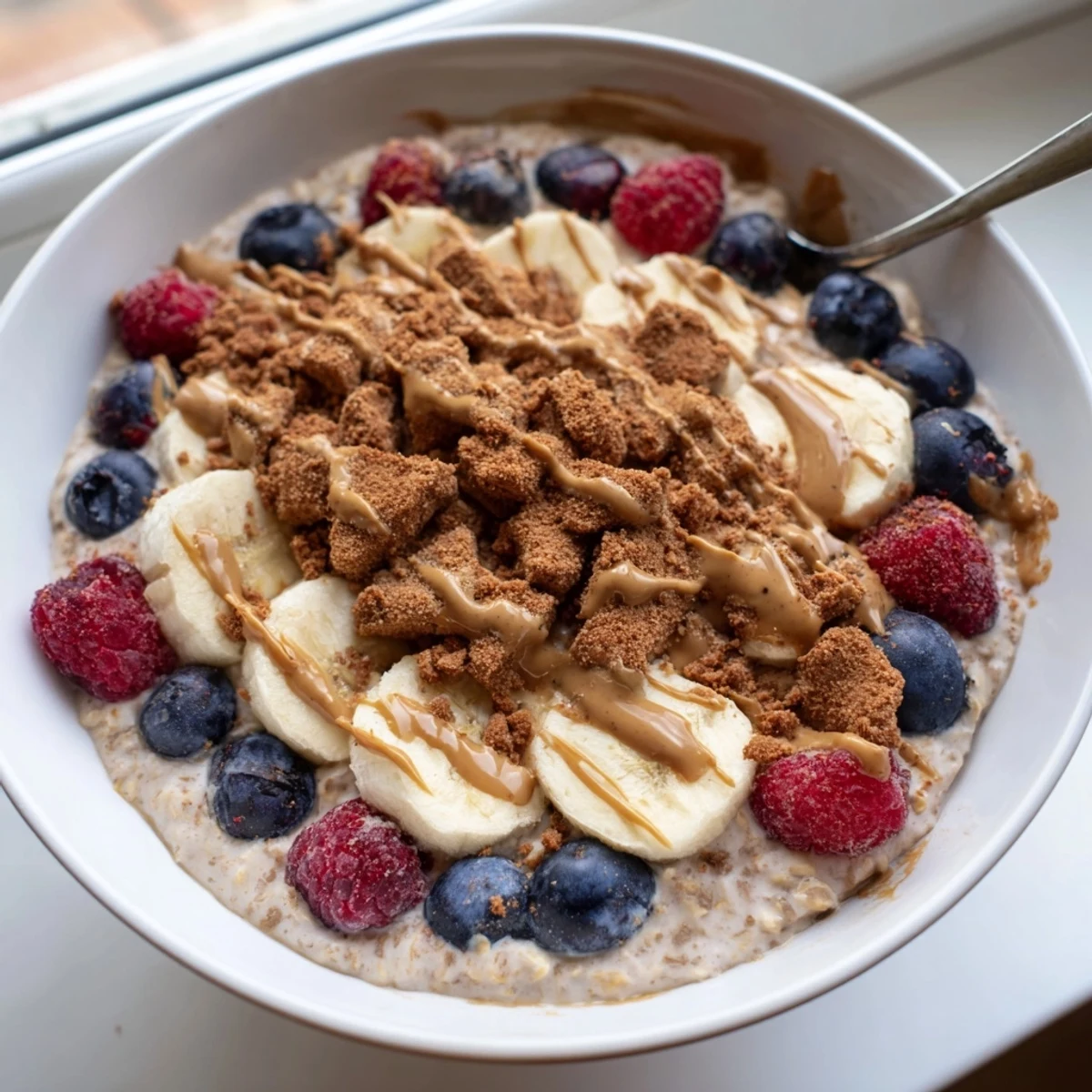 A jar of creamy Quick Biscoff Overnight Oats topped with crushed cookies and fresh berries on a rustic table.