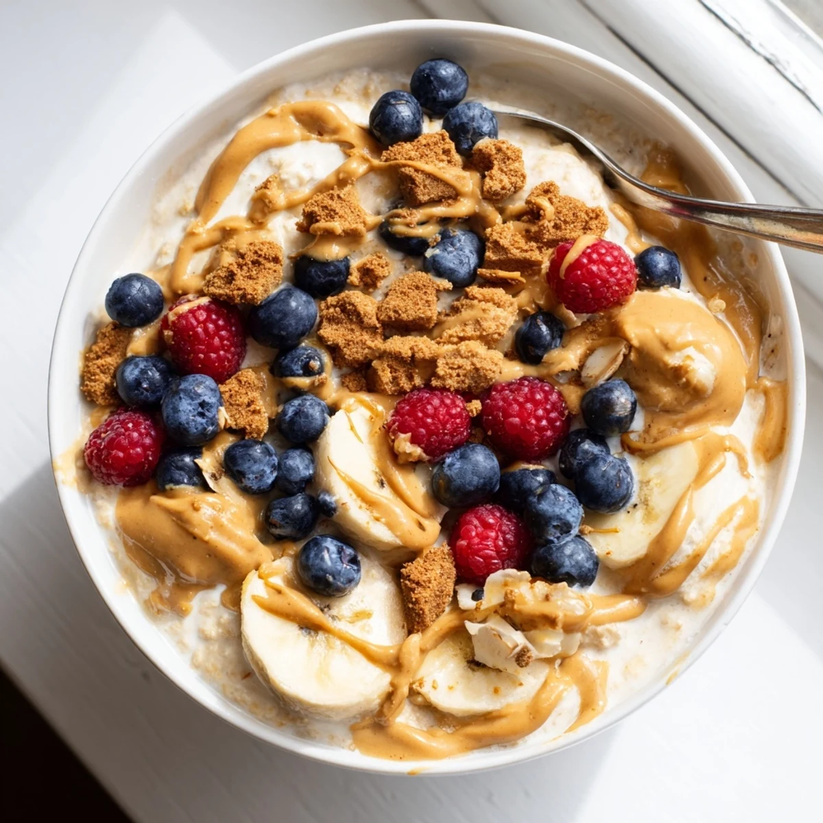 Close-up of a spoon scooping Quick Biscoff Overnight Oats from a jar, with coffee nearby for serving.