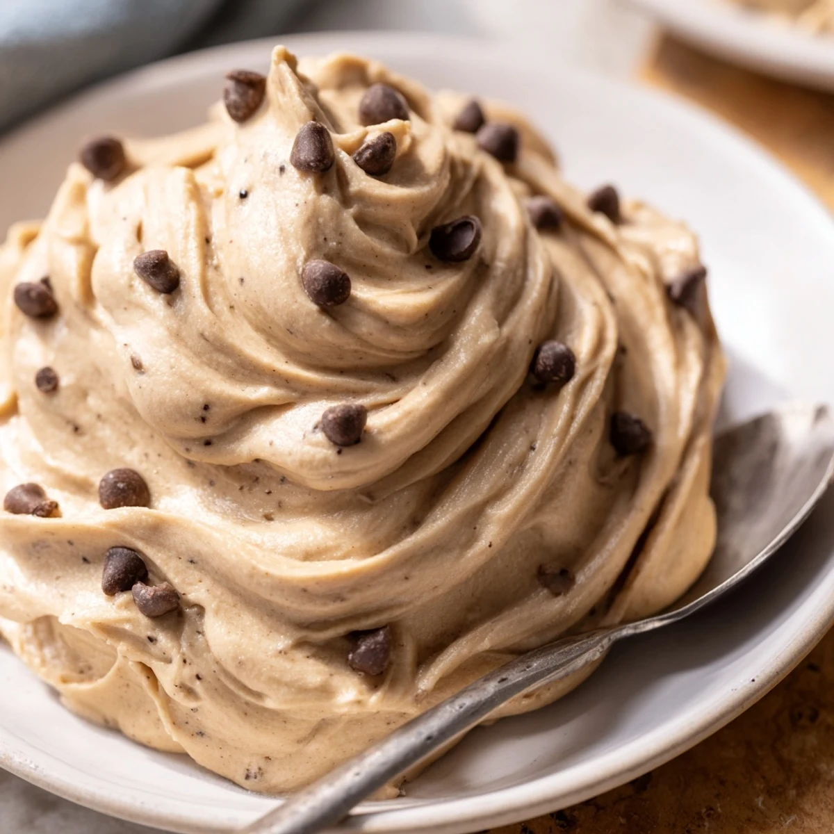A bowl of Cookie Dough Frosting is ready for spreading on a freshly baked cake.
